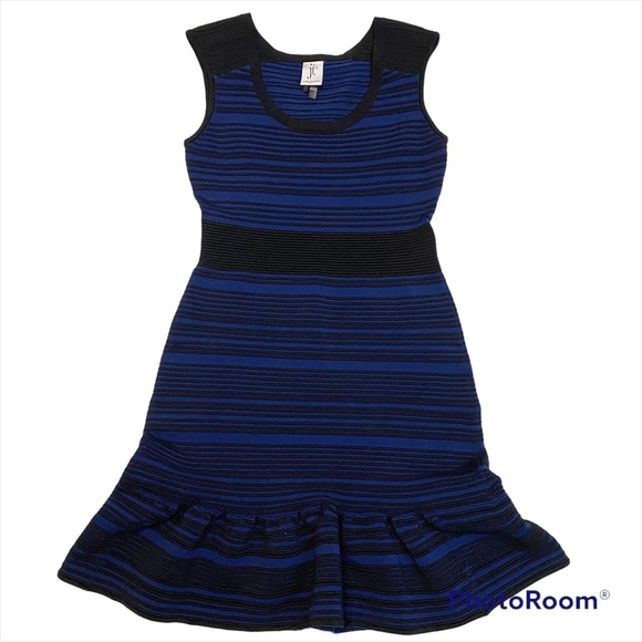 julia jordan Dresses & Skirts - Julia Jordan fitted knit, navy + black striped dress, ruffle, sleeveless